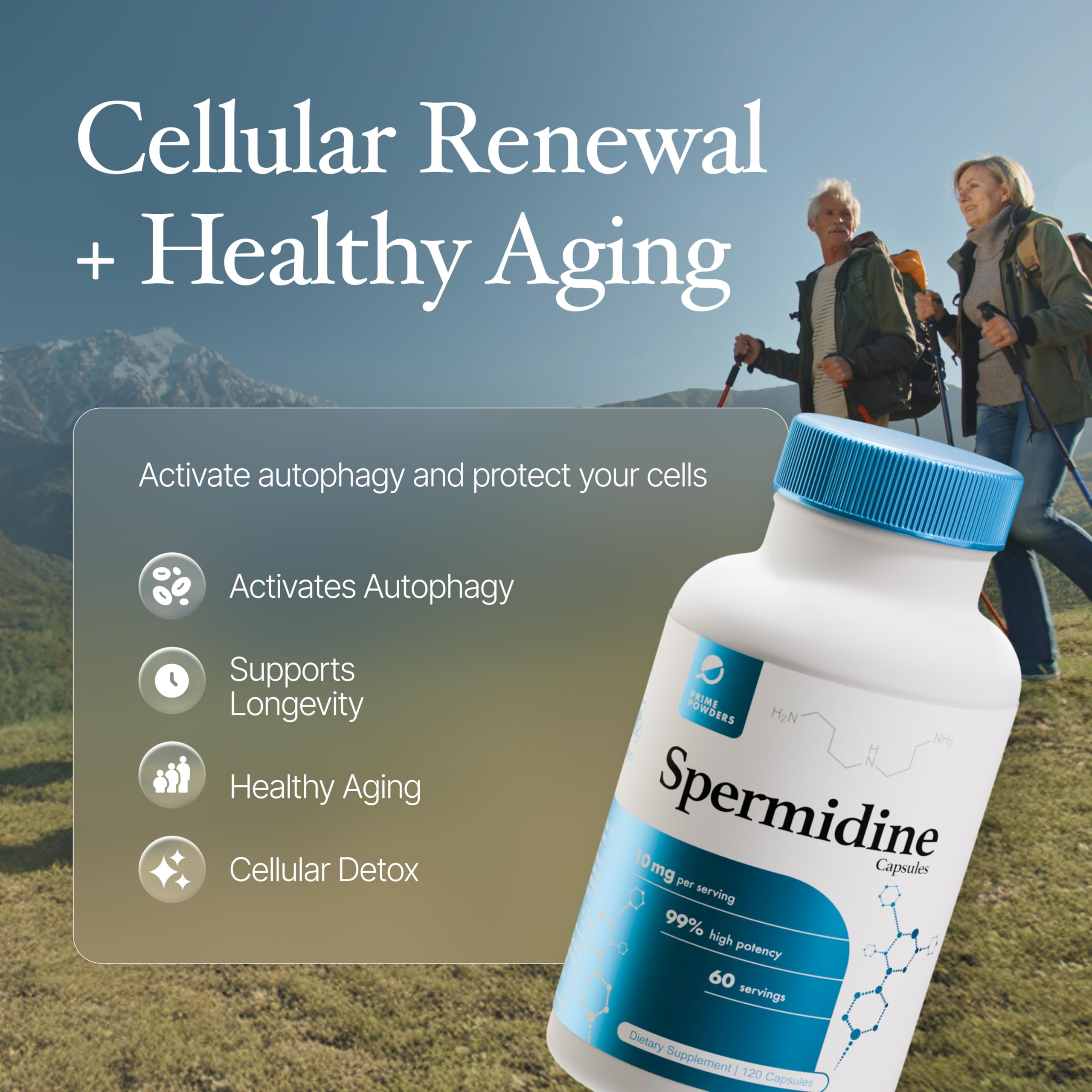 Prime Powders Spermidine packaging shows gluten-free and 99% purity promise.