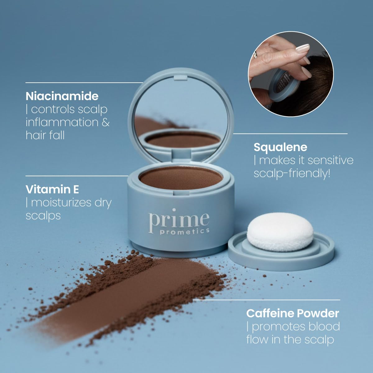 Prime Prometics Instant Coverage Powder packaging lid shows shade-rich powder for touch-ups.