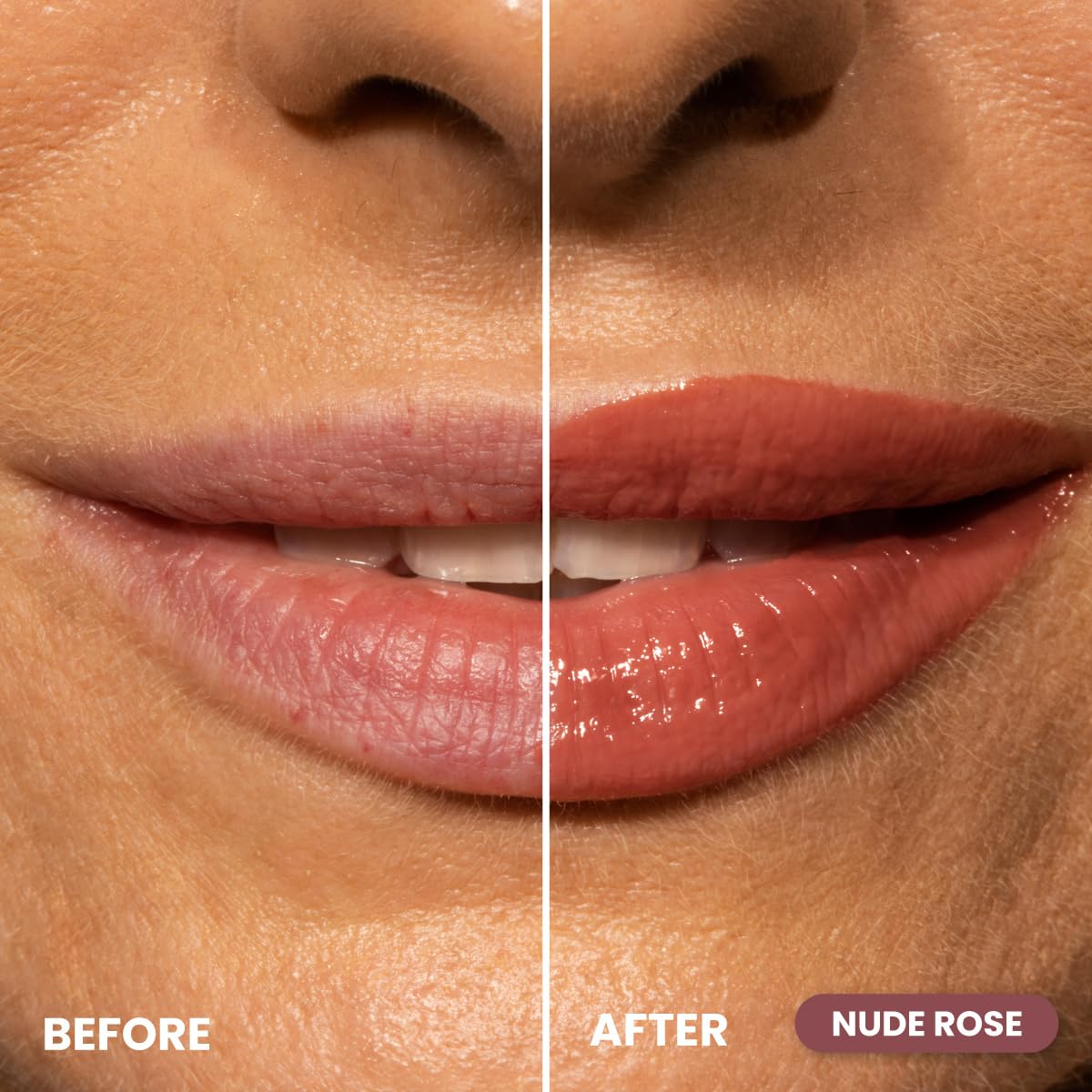 PrimeLip SPF 35 swatches reveal buildable nude rose color on lips.