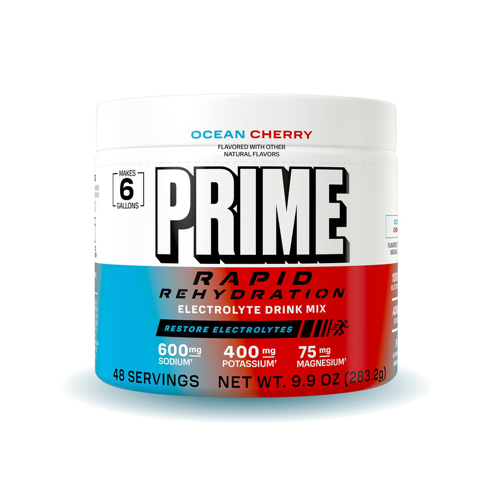 Prime Rapid Rehydration powder tub displaying electrolytes and zero sugar.
