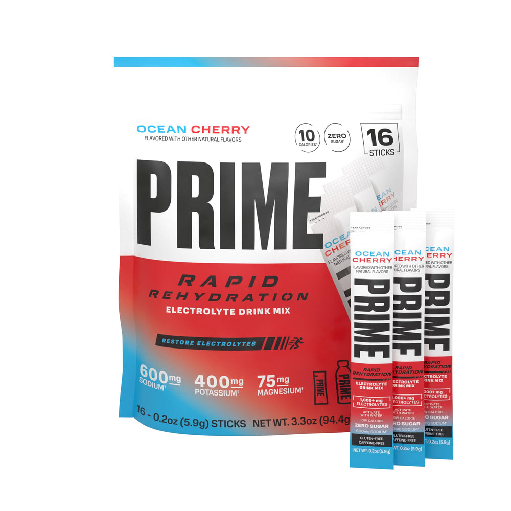 Prime Rapid Rehydration Ocean Cherry pack ready for on-the-go hydration.