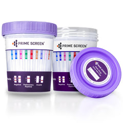 Prime Screen 12-panel urine test cup showing at-home screening capability.