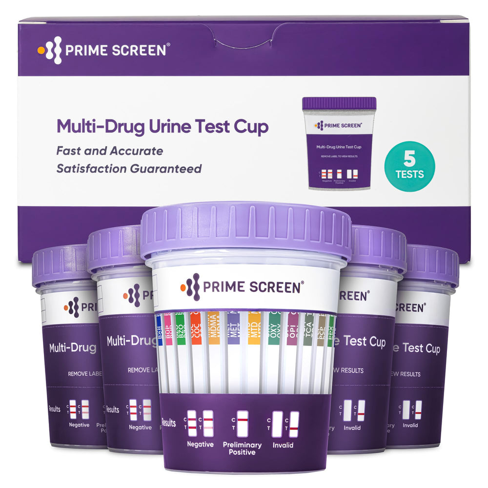 Prime Screen 14-panel urine test cup ready for quick home screening