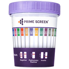 Prime Screen 14-panel urine test cup with clear home screening results.
