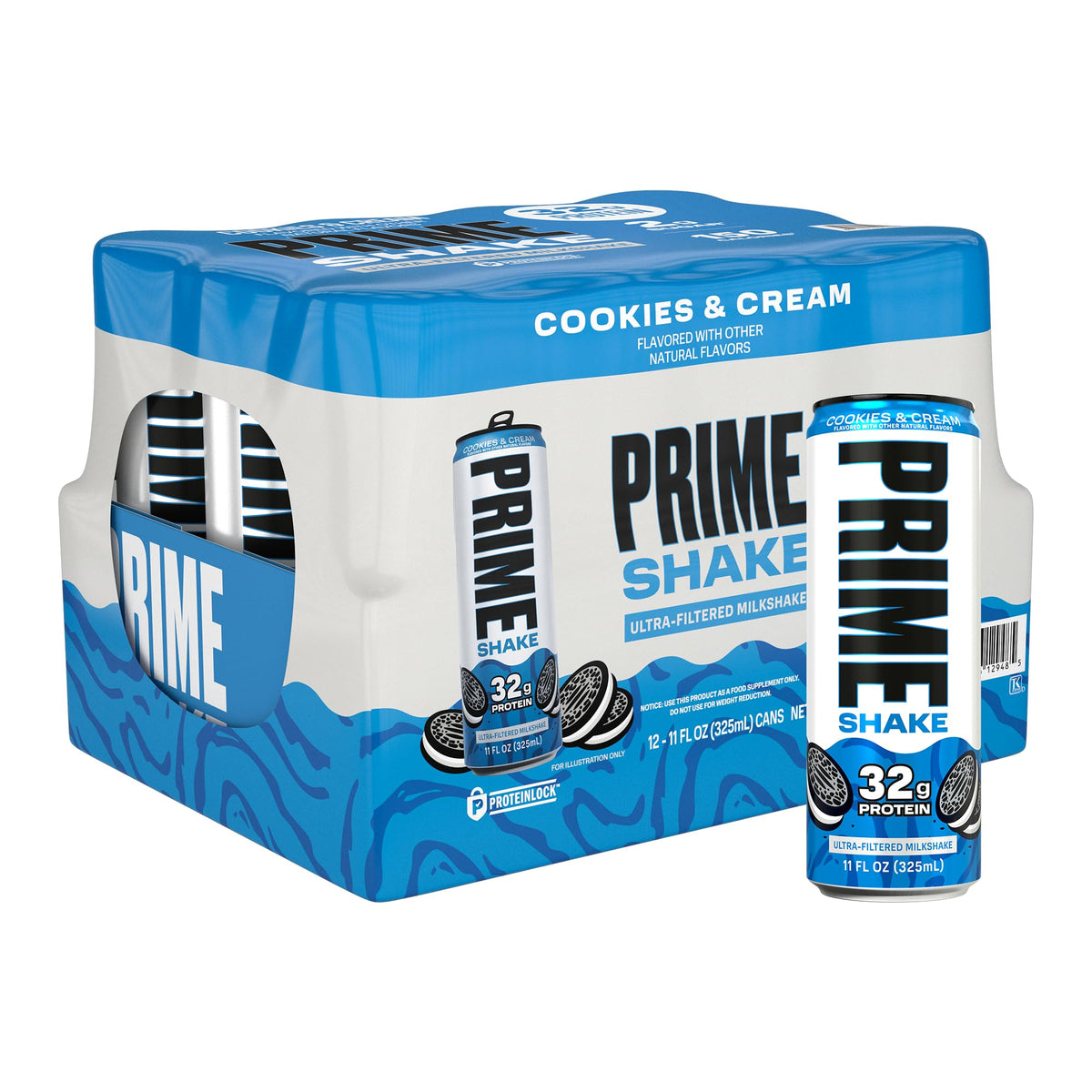 PRIME Shakes Cookies and Cream bottle front showing protein-packed nutrition.