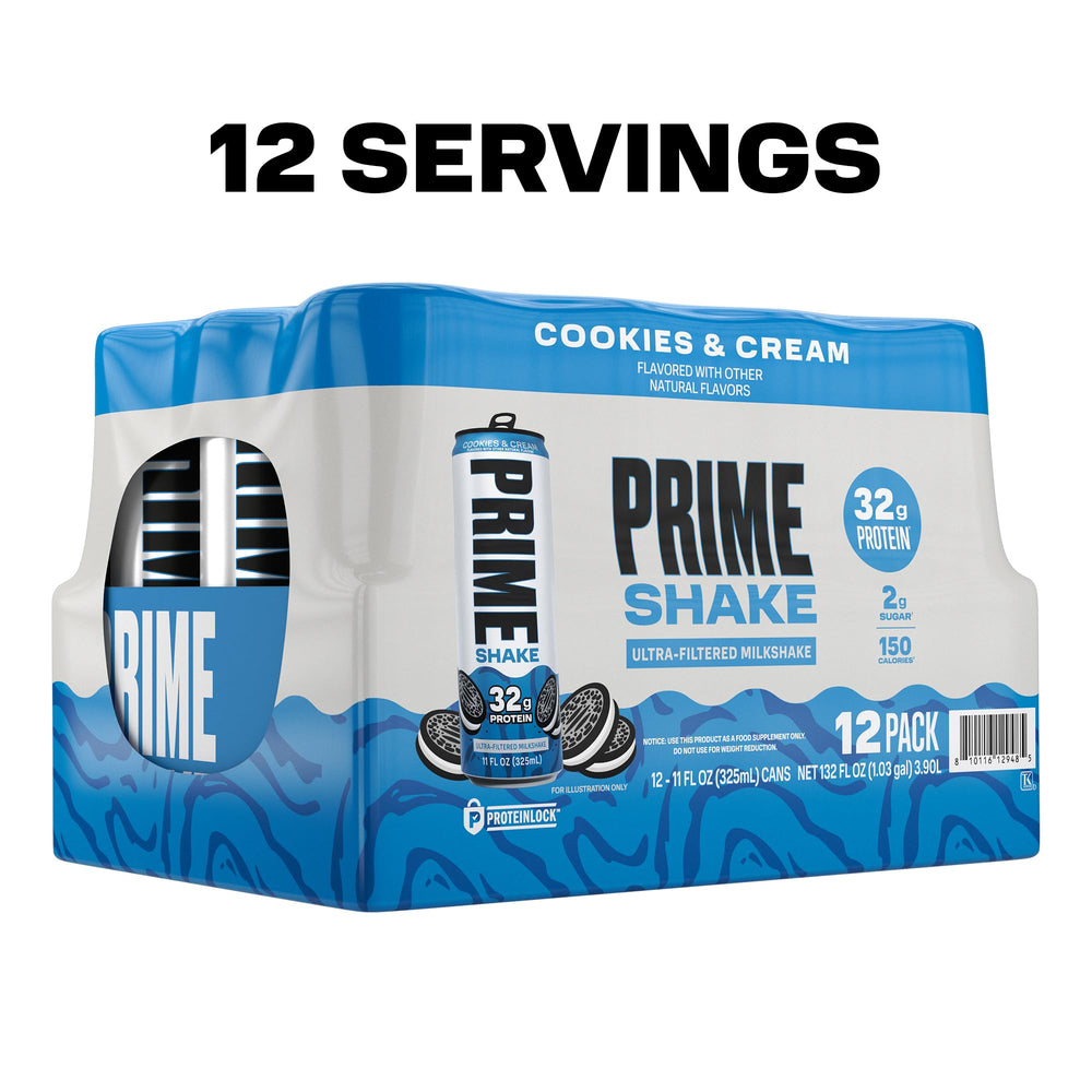 PRIME Shakes Cookies and Cream nutrition info highlights 32g protein.