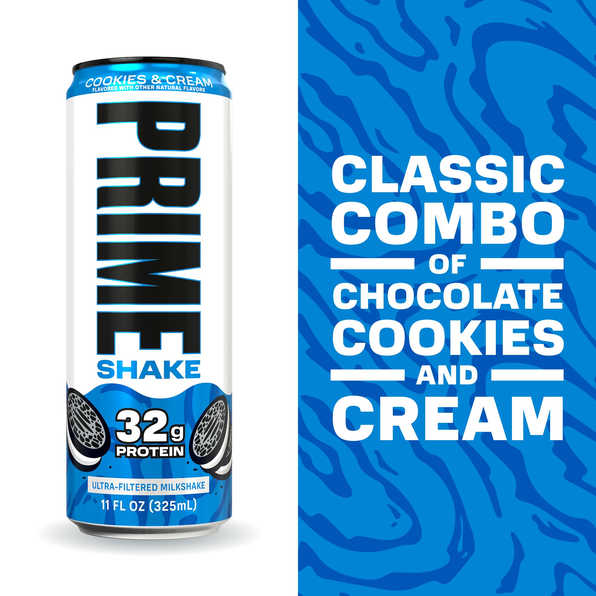 PRIME Shakes Cookies and Cream nutrition panel highlights protein and calories.