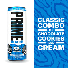 PRIME Shakes Cookies and Cream nutrition panel highlights protein and calories.