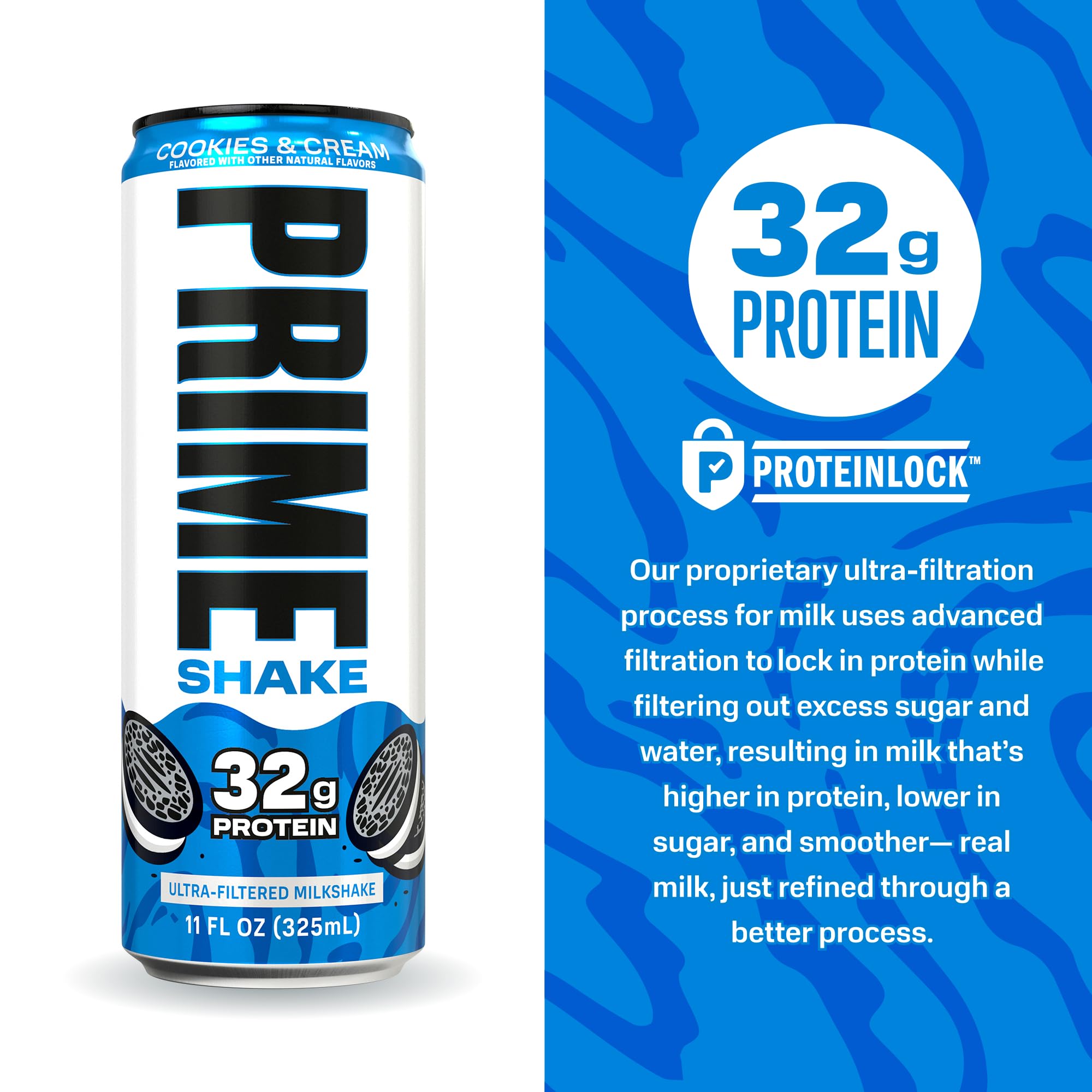 PRIME Shakes Cookies and Cream on shelf emphasizes shelf-stable convenience.