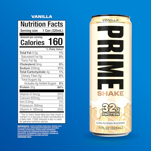 Prime Shakes Vanilla bottle back highlights lactose free and low sugar formula