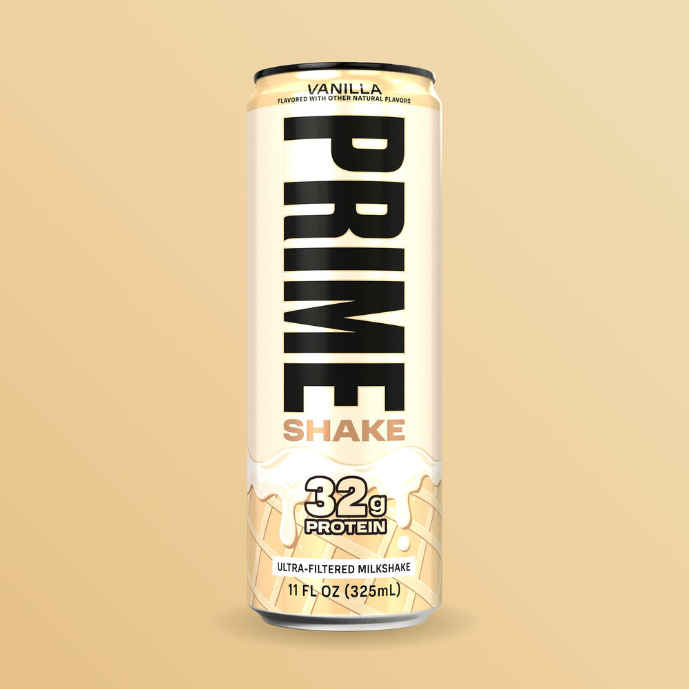 Prime Shakes Vanilla ready to drink can beside snack for mid day protein