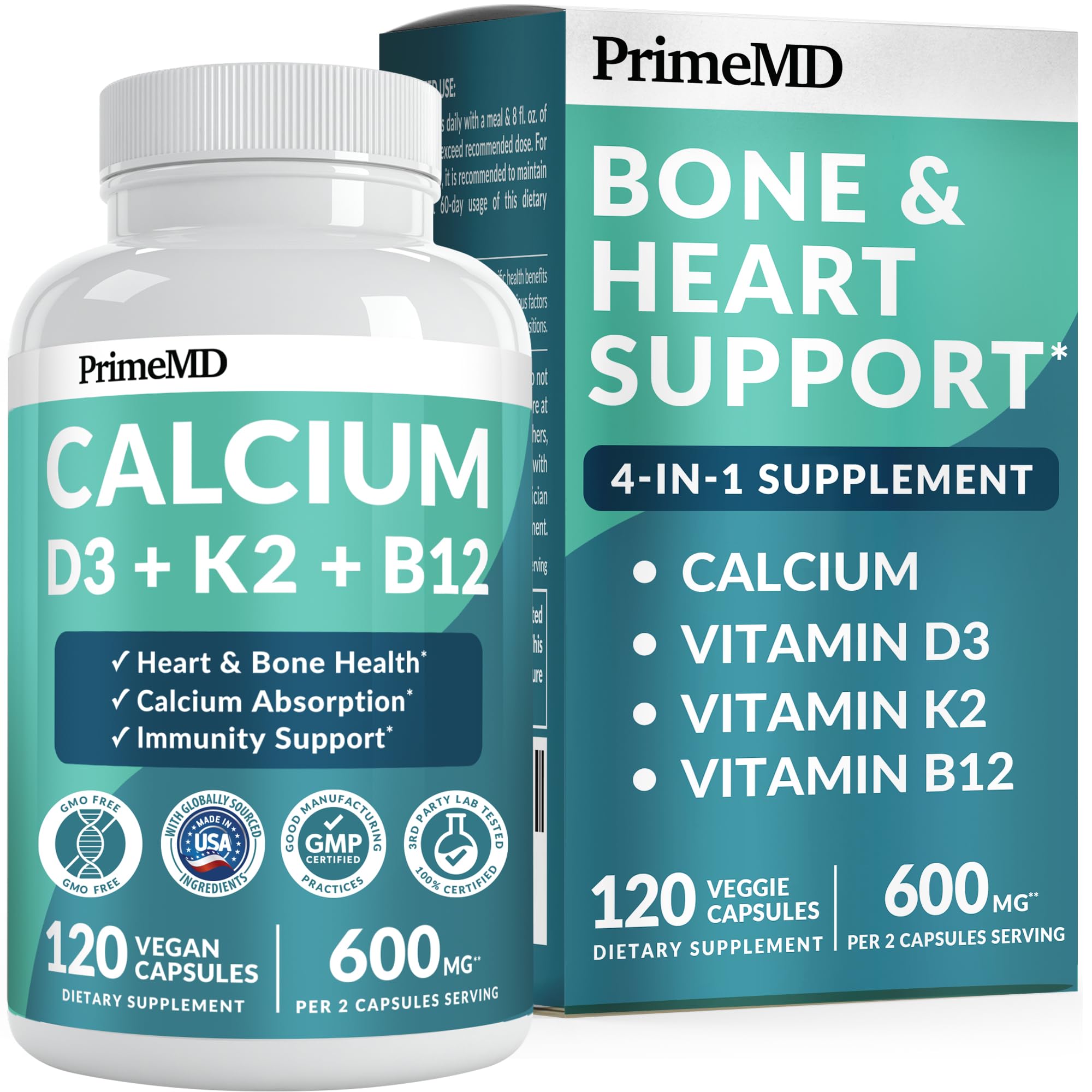 PrimeMD 4-in-1 calcium bottle front view highlighting bone-supporting formula.