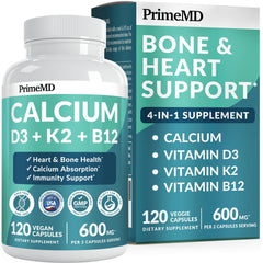PrimeMD 4-in-1 calcium bottle front view highlighting bone-supporting formula.