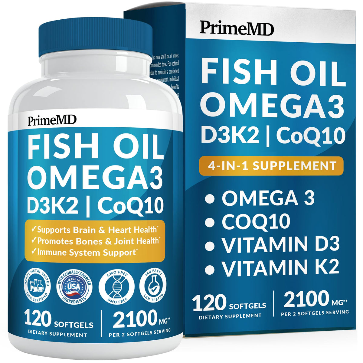 PrimeMD 4-in-1 fish oil lemon bottle showcasing daily omega-3 support.
