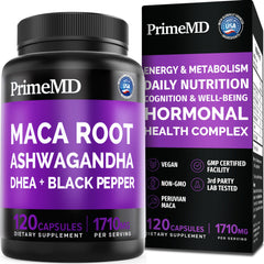 PrimeMD 6-in-1 Maca Ashwagandha capsules bottle for daily energy support.