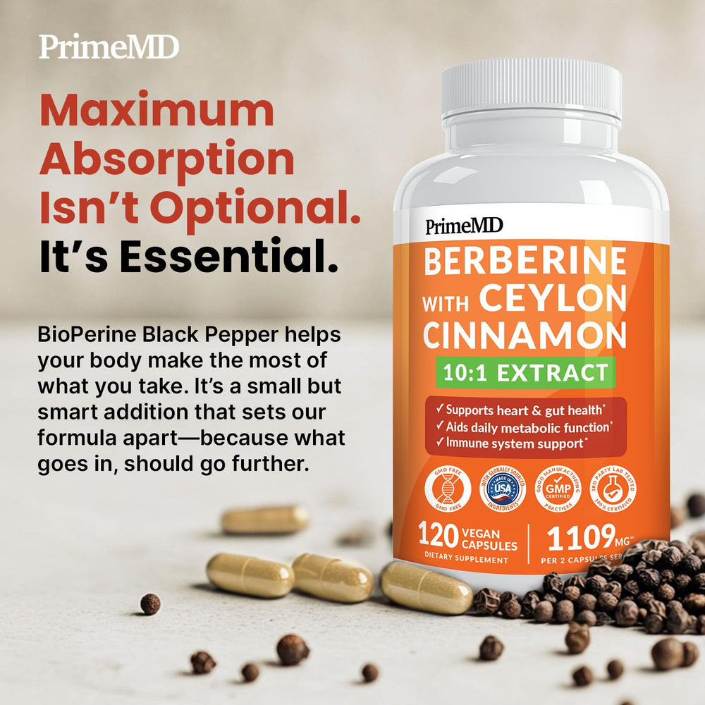 PrimeMD berberine bottle with measuring scoop showing precise dosing.