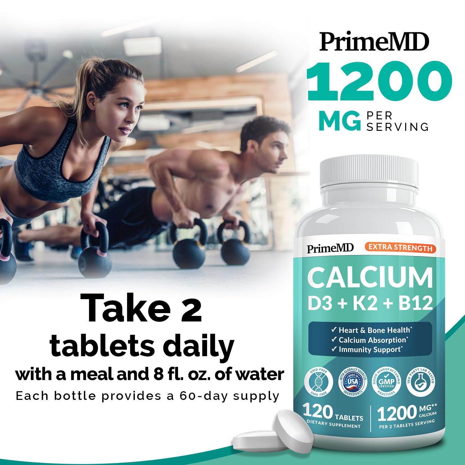 PrimeMD Calcium 1200mg bottle on kitchen counter for daily routine.