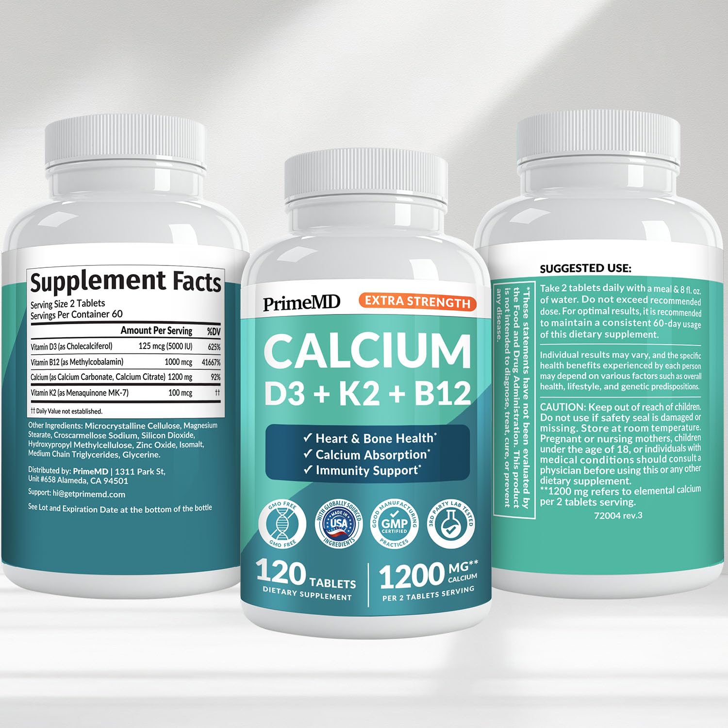 PrimeMD Calcium 1200mg daily dose graphic highlights two-tablet serving.