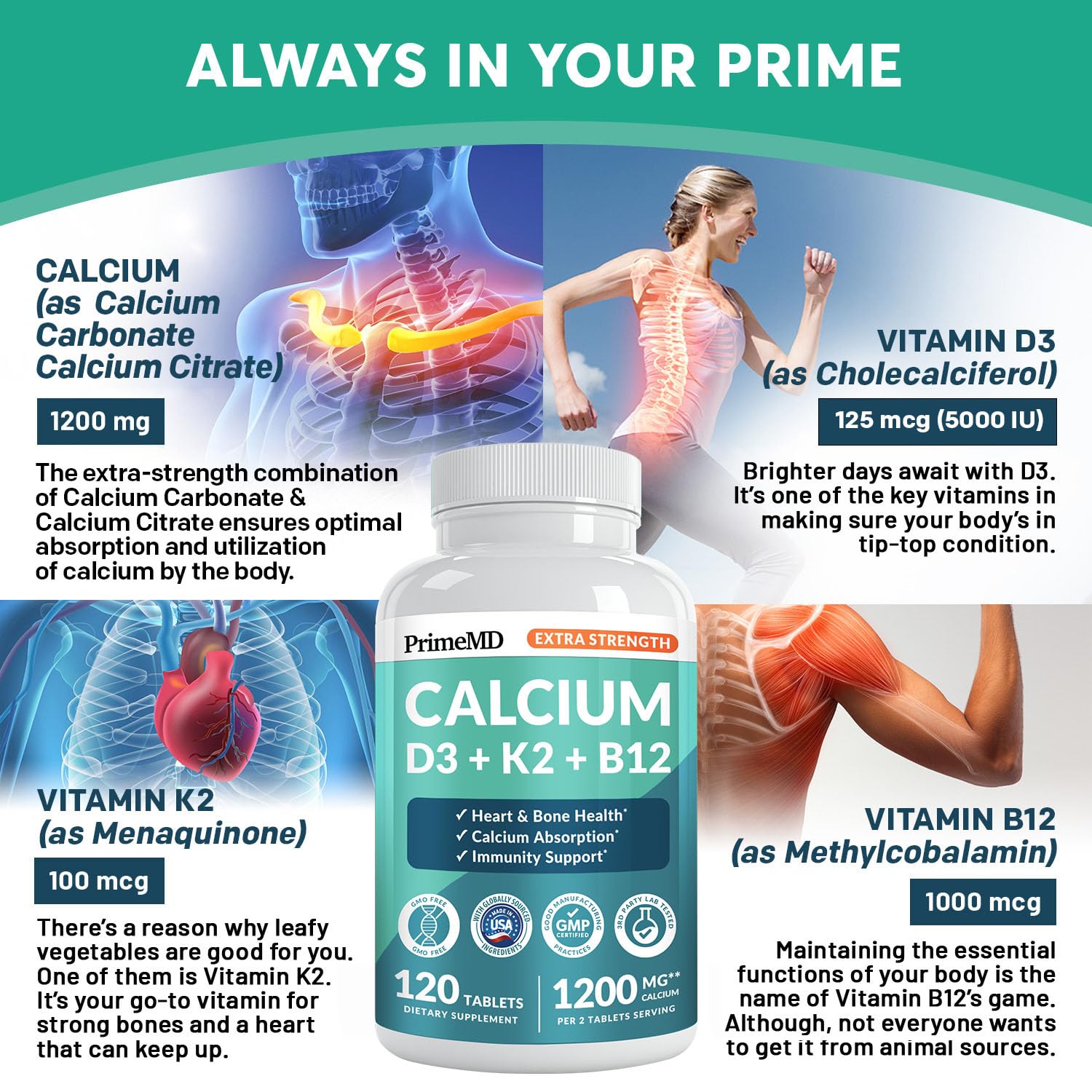 PrimeMD Calcium 1200mg label shows vegan and gluten-free ingredients.