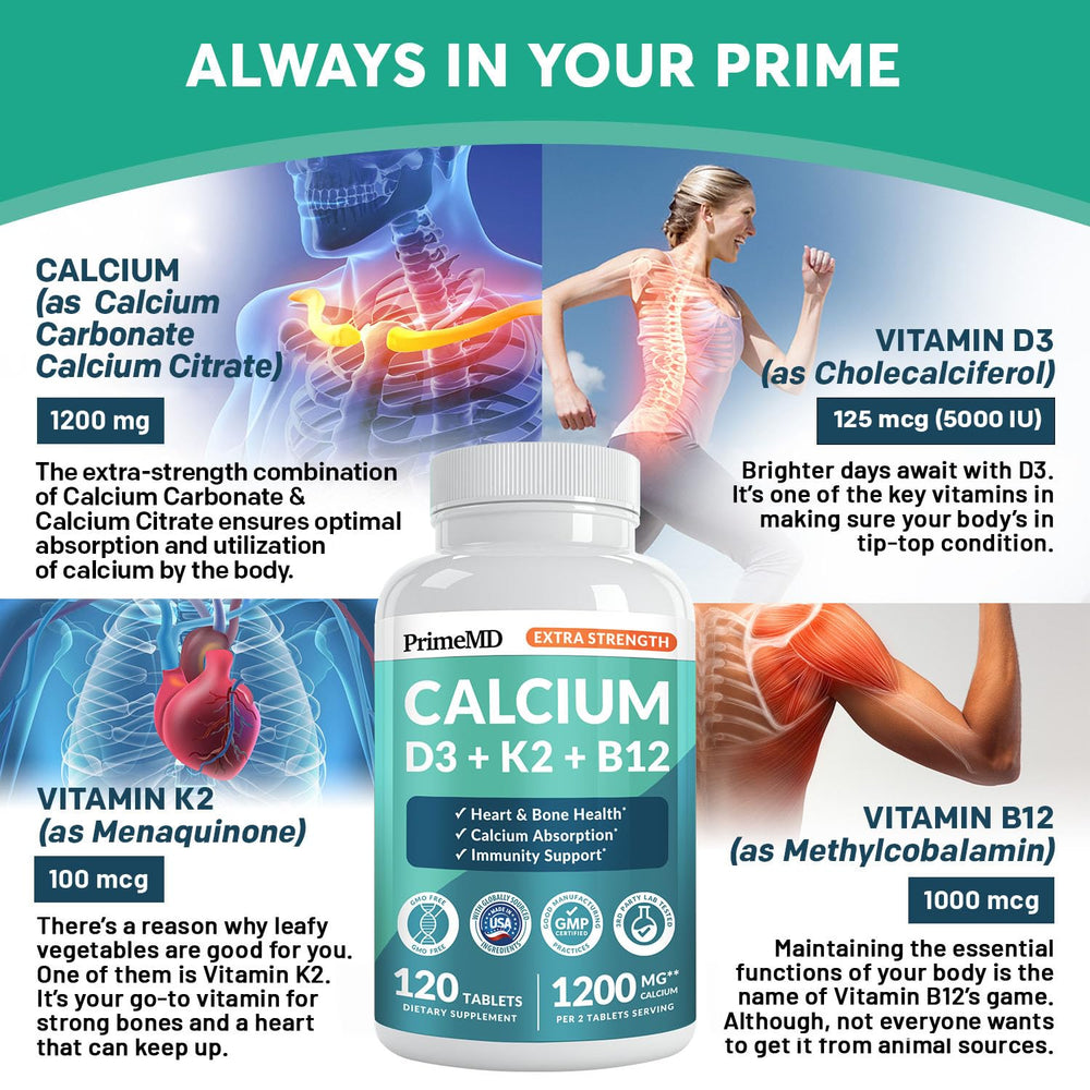 PrimeMD Calcium 1200mg label shows vegan and gluten-free ingredients.