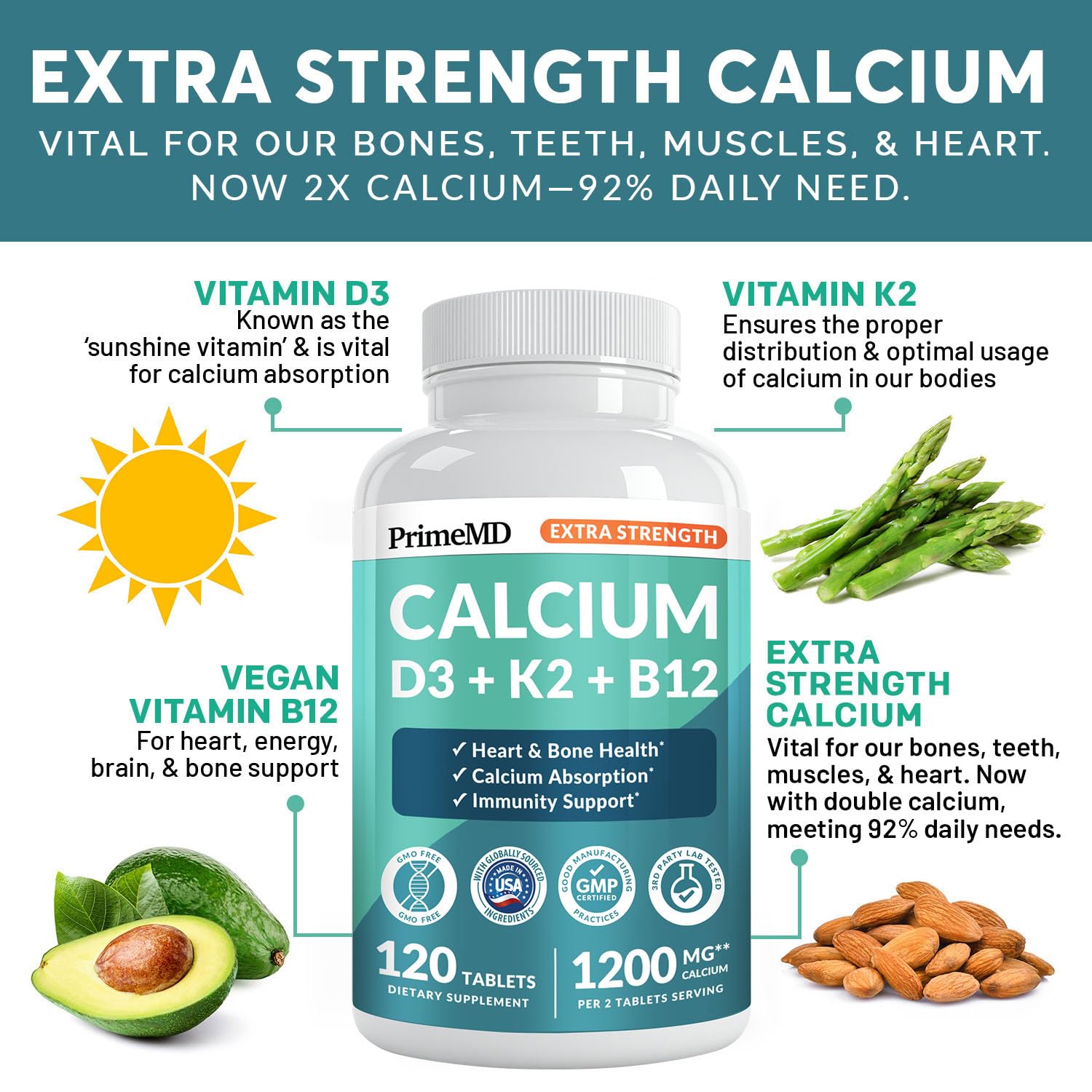 PrimeMD Calcium 1200mg tablets close-up for easy daily intake.