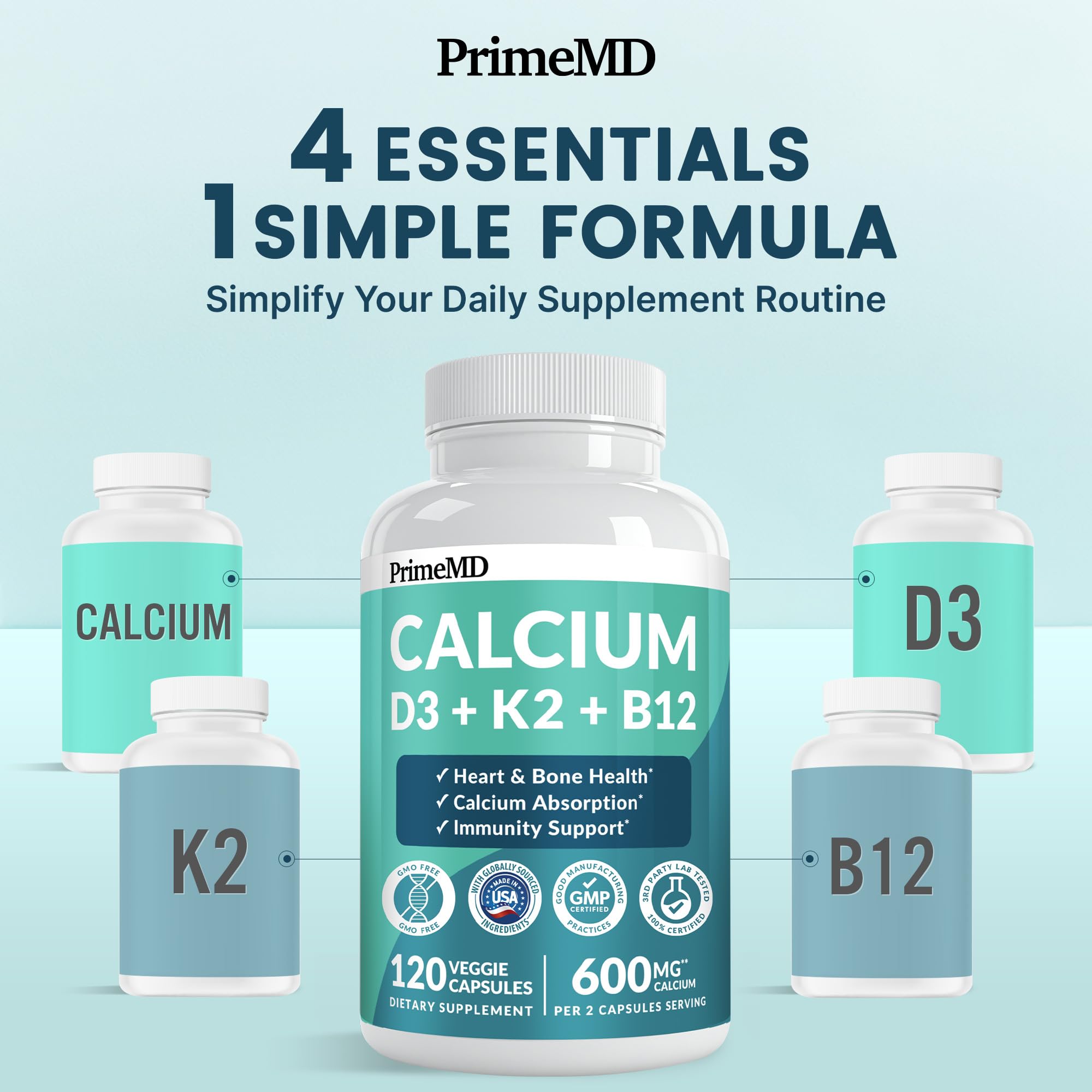 PrimeMD bottle label featuring D3 and K2 for calcium distribution.
