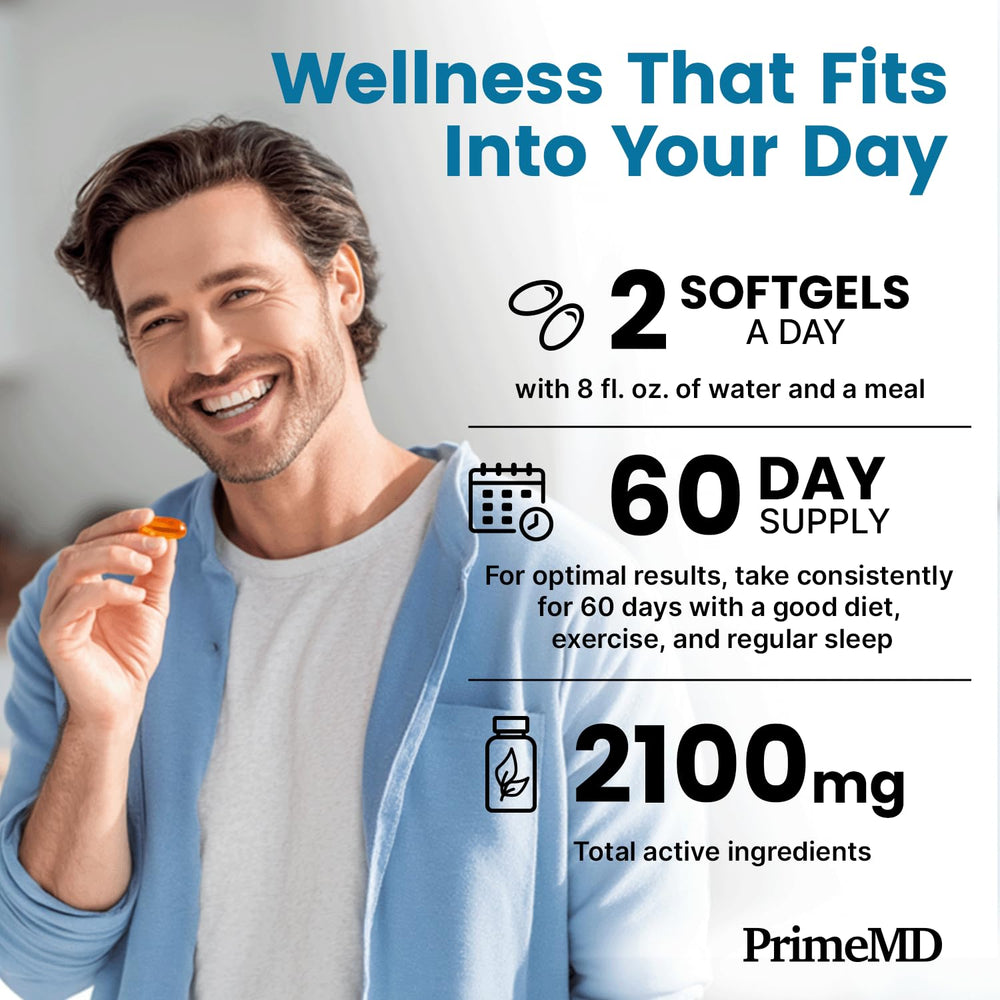 PrimeMD omega-3 bottle demonstrates heart, brain, and immune support benefits.