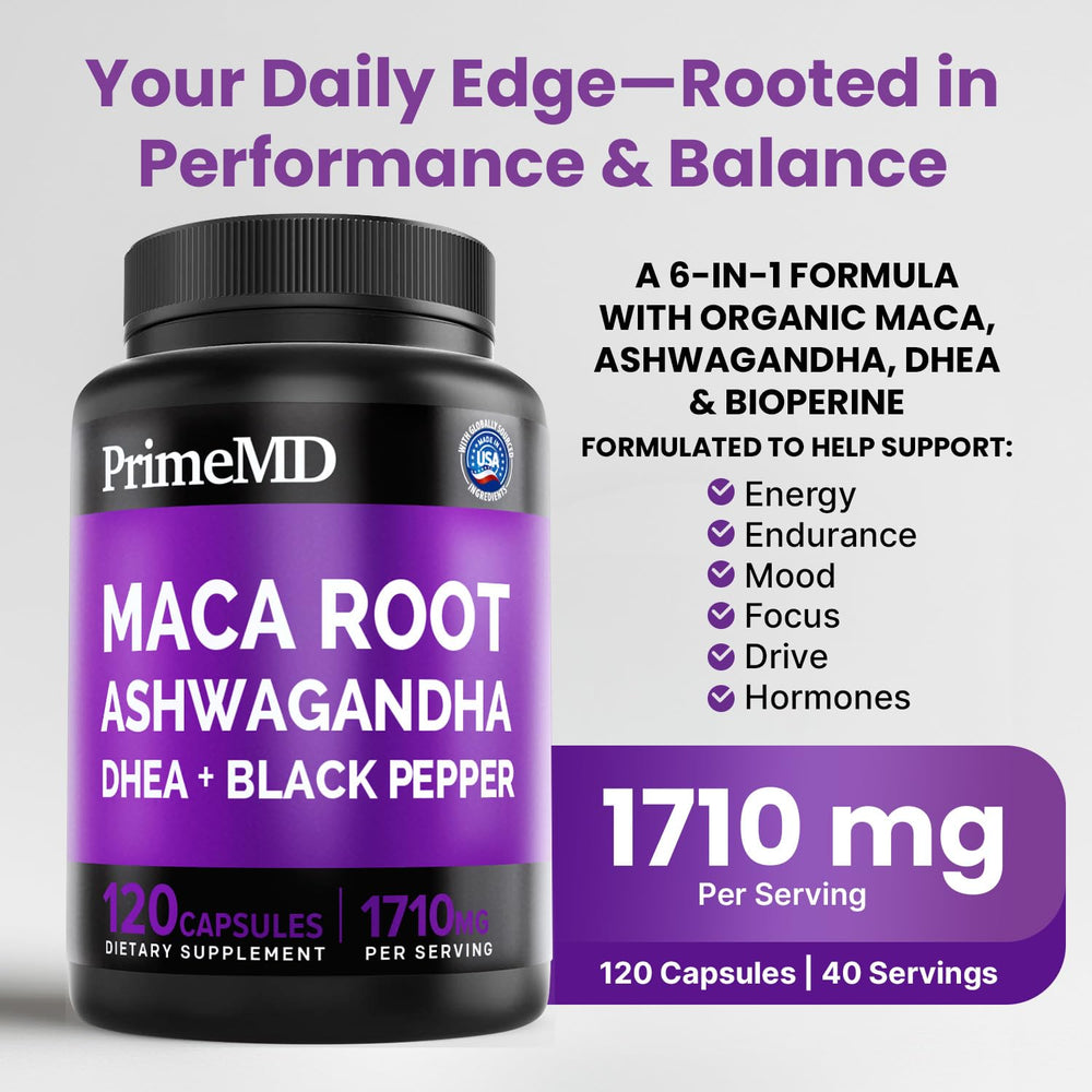 PrimeMD Maca root powder blend capsules show a nutrient-rich formula.