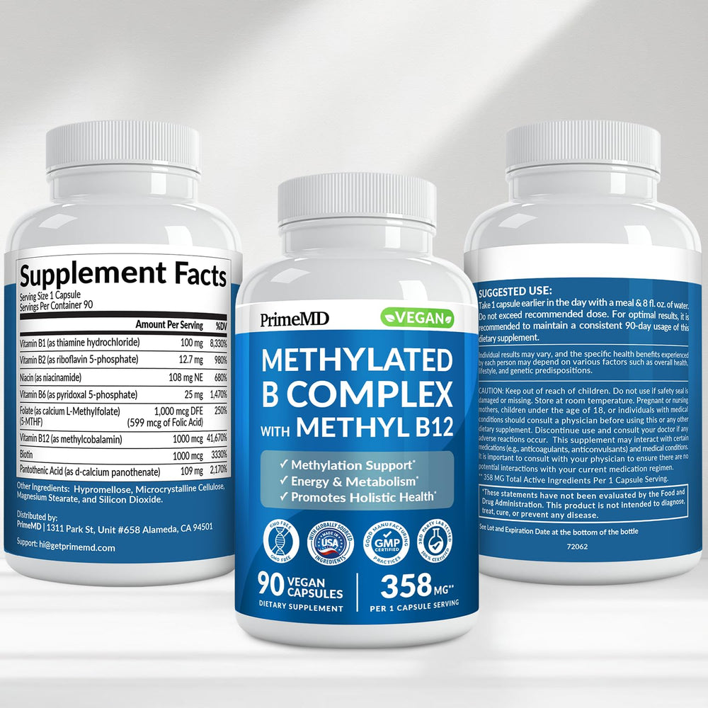 Graphic of PrimeMD Methylated B Complex active vitamins and methylfolate B12.
