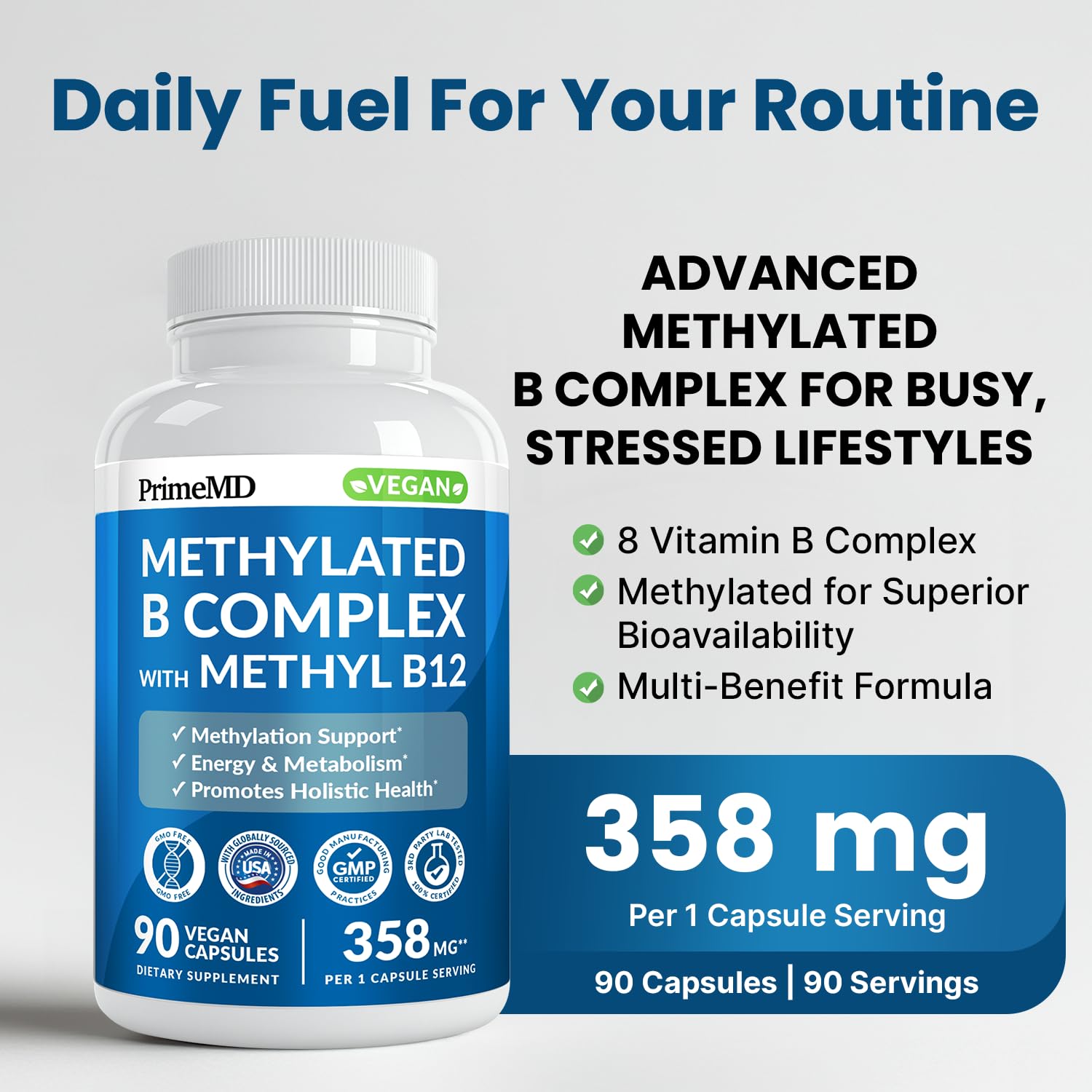 Close-up of PrimeMD Methylated B Complex capsules ready for intake.