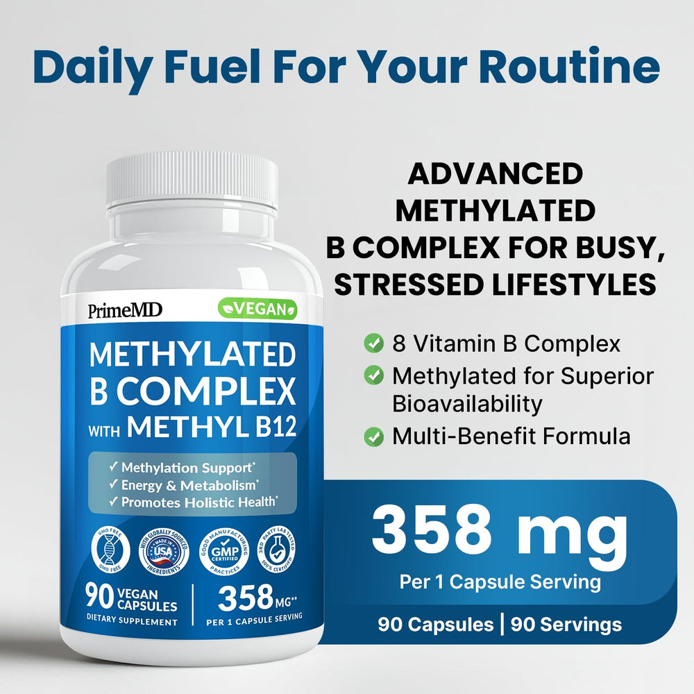 Close-up of PrimeMD Methylated B Complex capsules ready for intake.