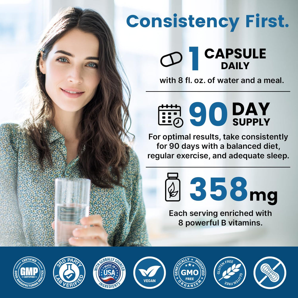 Morning routine with PrimeMD Methylated B Complex beside a glass of water.