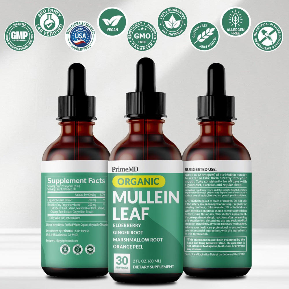 PrimeMD Mullein Drops third-party testing seal visible.
