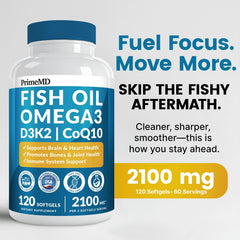PrimeMD omega-3 lemon softgel close-up highlights easy swallowing.
