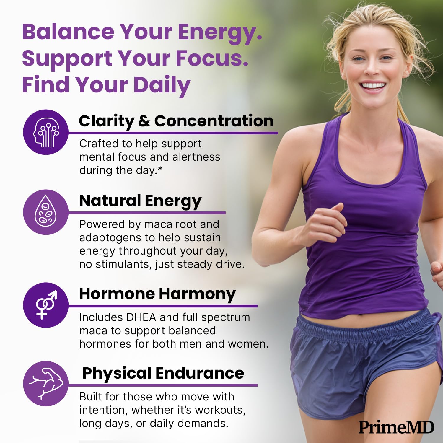 PrimeMD Organic maca root pills in a 120-count bottle.