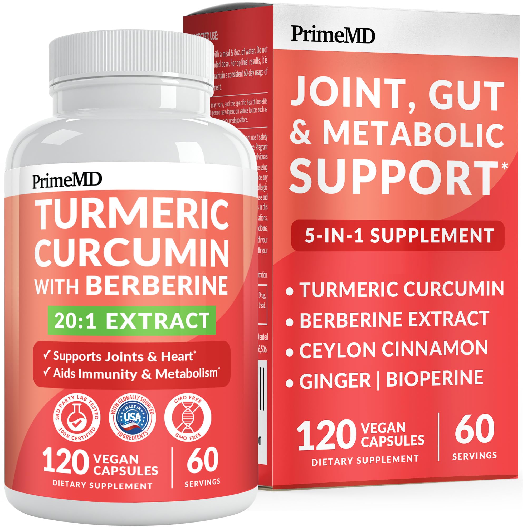 PrimeMD Turmeric Curcumin bottle highlighting 5-in-1 blend for joint and metabolic support.