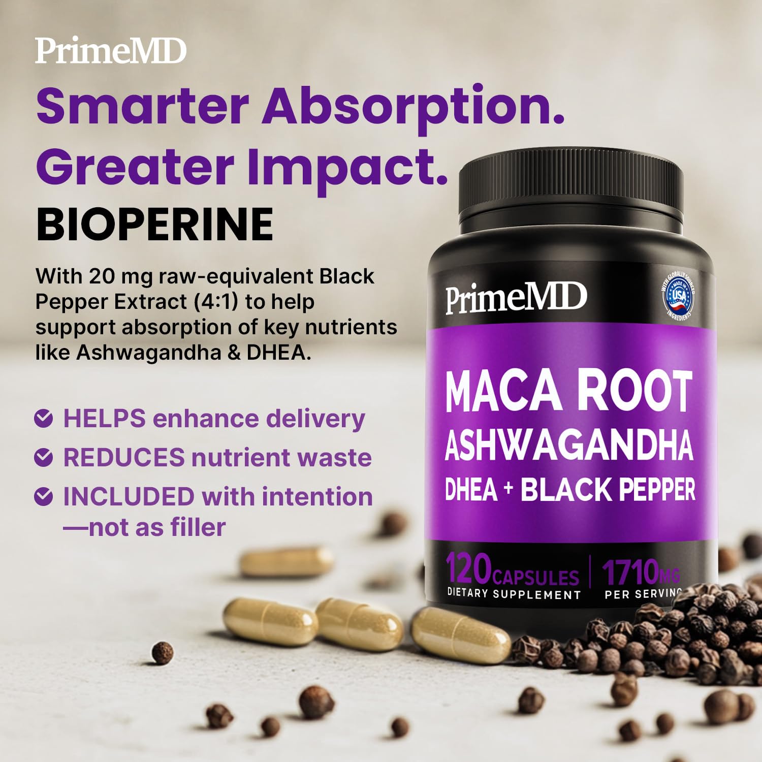 PrimeMD USA-made maca capsules produced in a cGMP facility.
