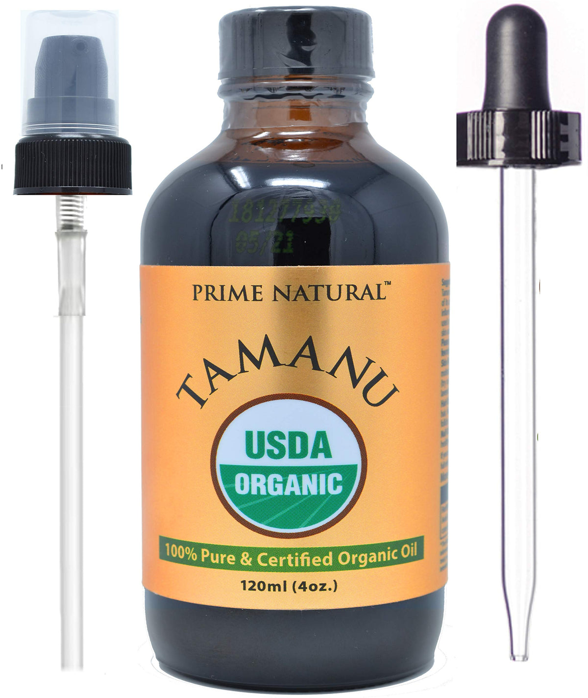 PRIME NATURAL Tamanu Oil bottle with pump for easy facial hydration.