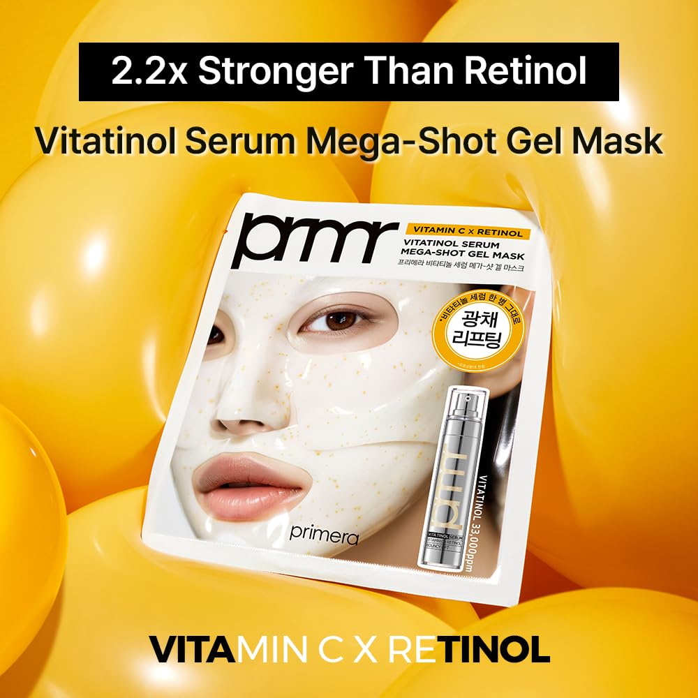 Primera PRMR Vitatinol Serum Gel Mask bottle and mask on plate shows premium treatment.