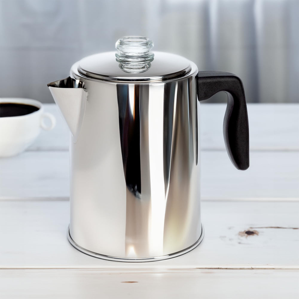 Camping-friendly stovetop coffee pot suitable for outdoors.