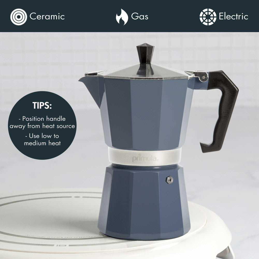 Primula Classic Moka Pot flip-top lid with heat resistant knob for safe pouring