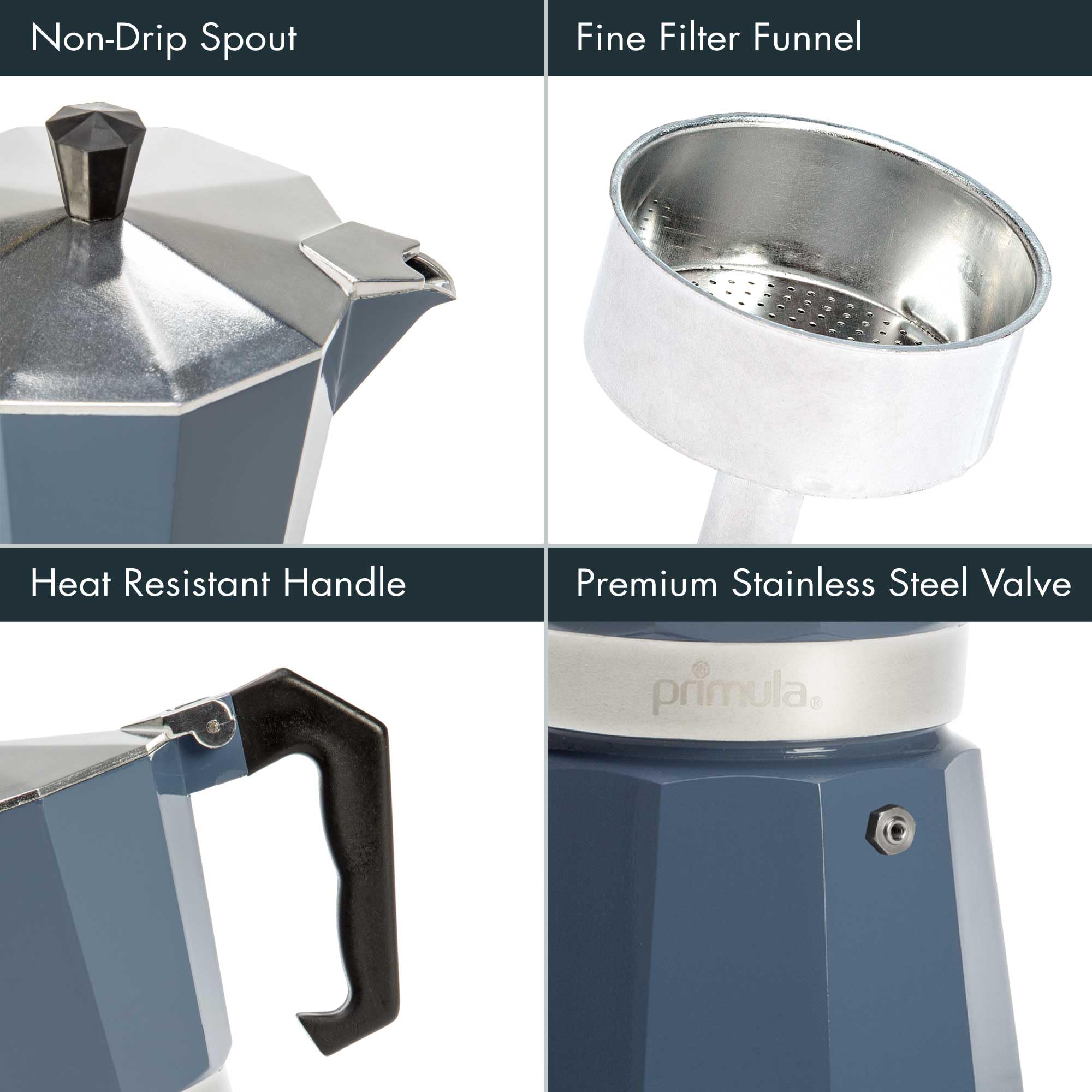 Primula Classic Moka Pot handle shown for comfortable stovetop brewing