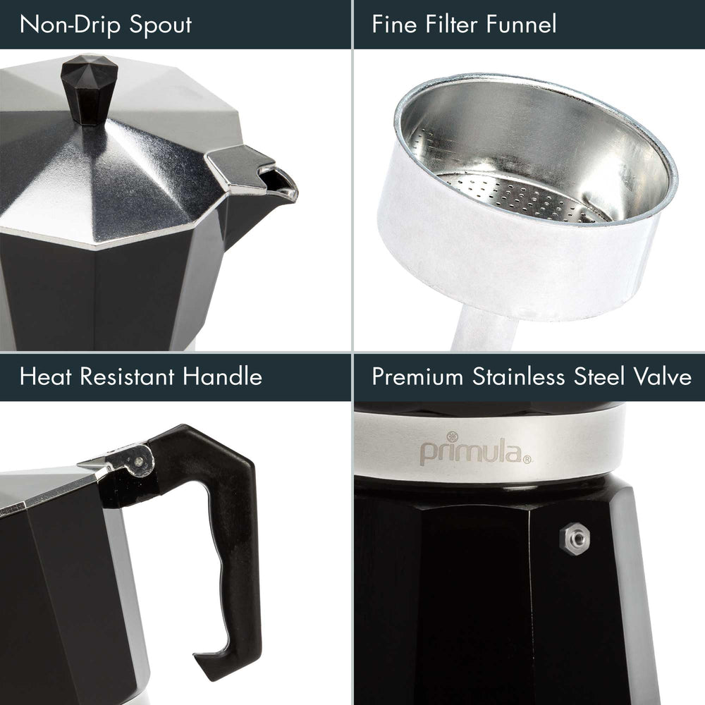Primula Classic Moka Pot filter area filled with ground coffee for brewing.