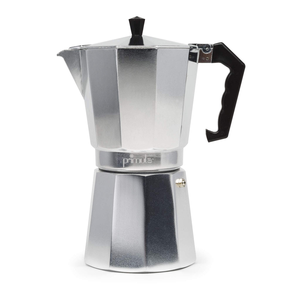 Primula Classic stovetop espresso pot brewing twelve cups of rich crema at home.