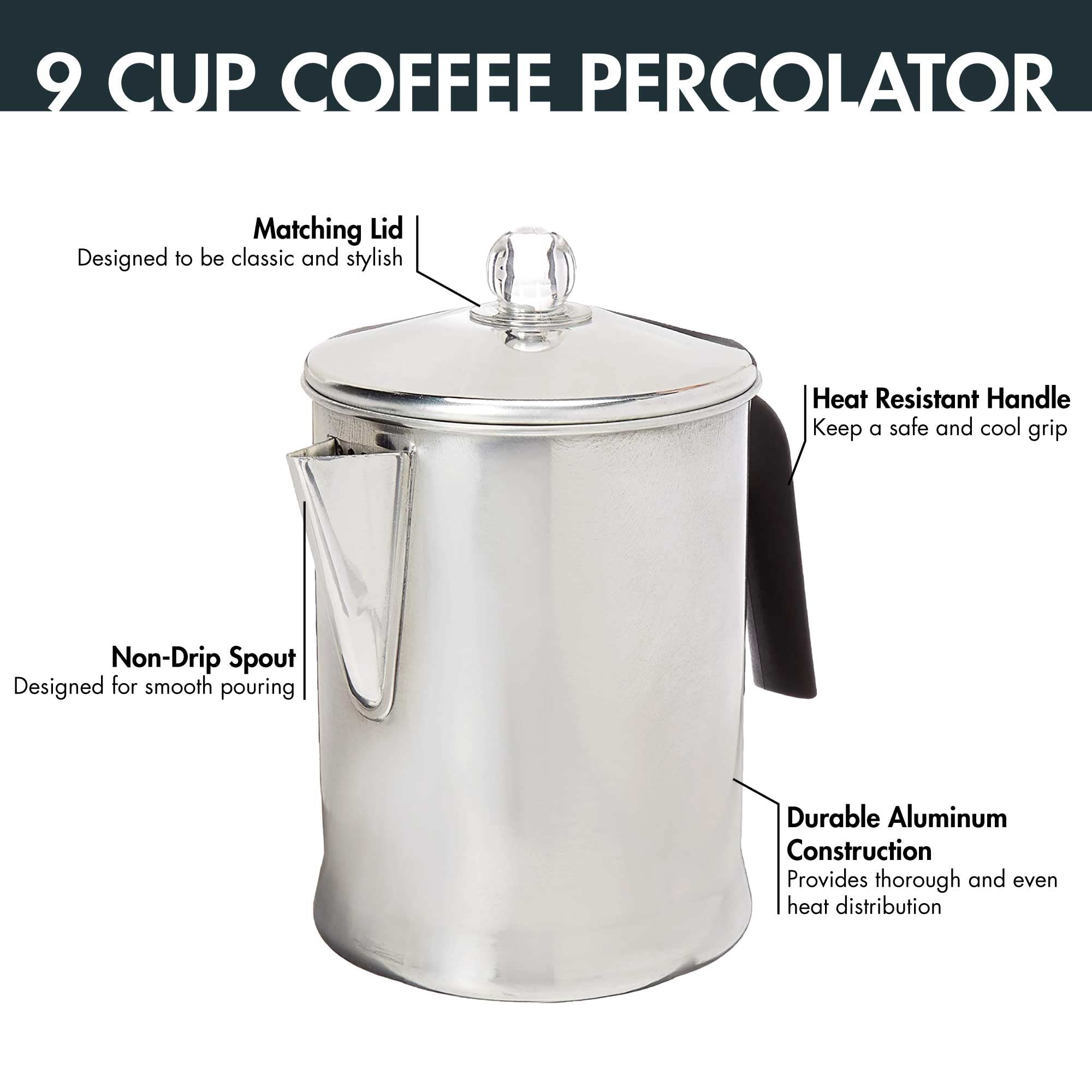 Primula Today percolator aluminum body ensures even heat distribution.