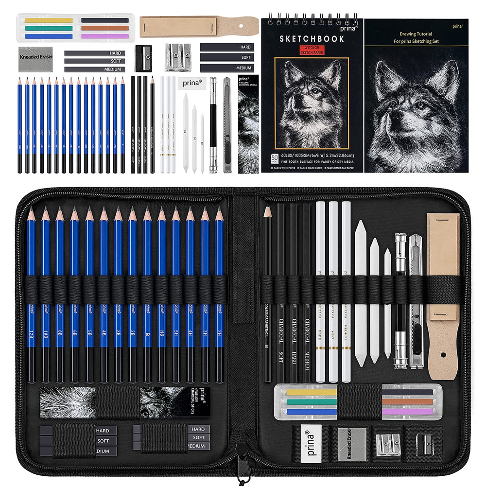 PRINA drawing set contents with pencils and tools for precise sketches