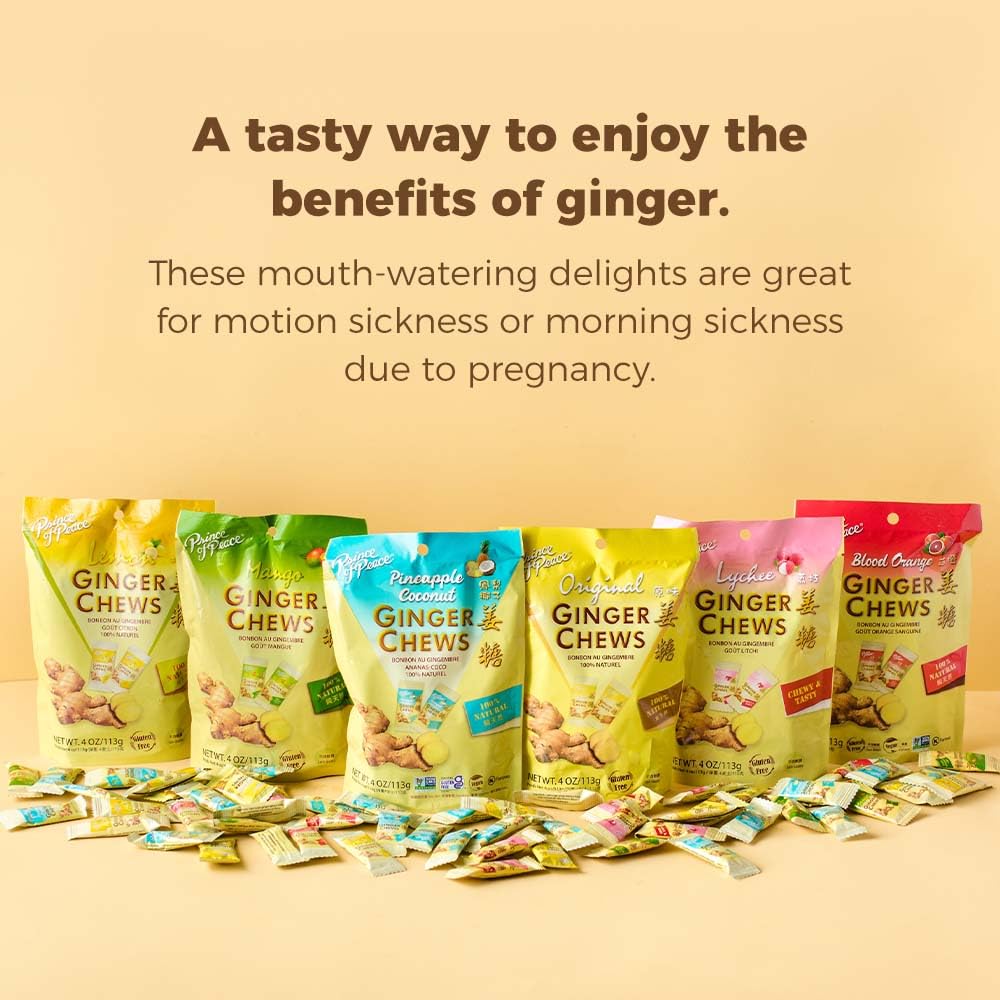Prince of Peace ginger chews individually wrapped for freshness and portability.