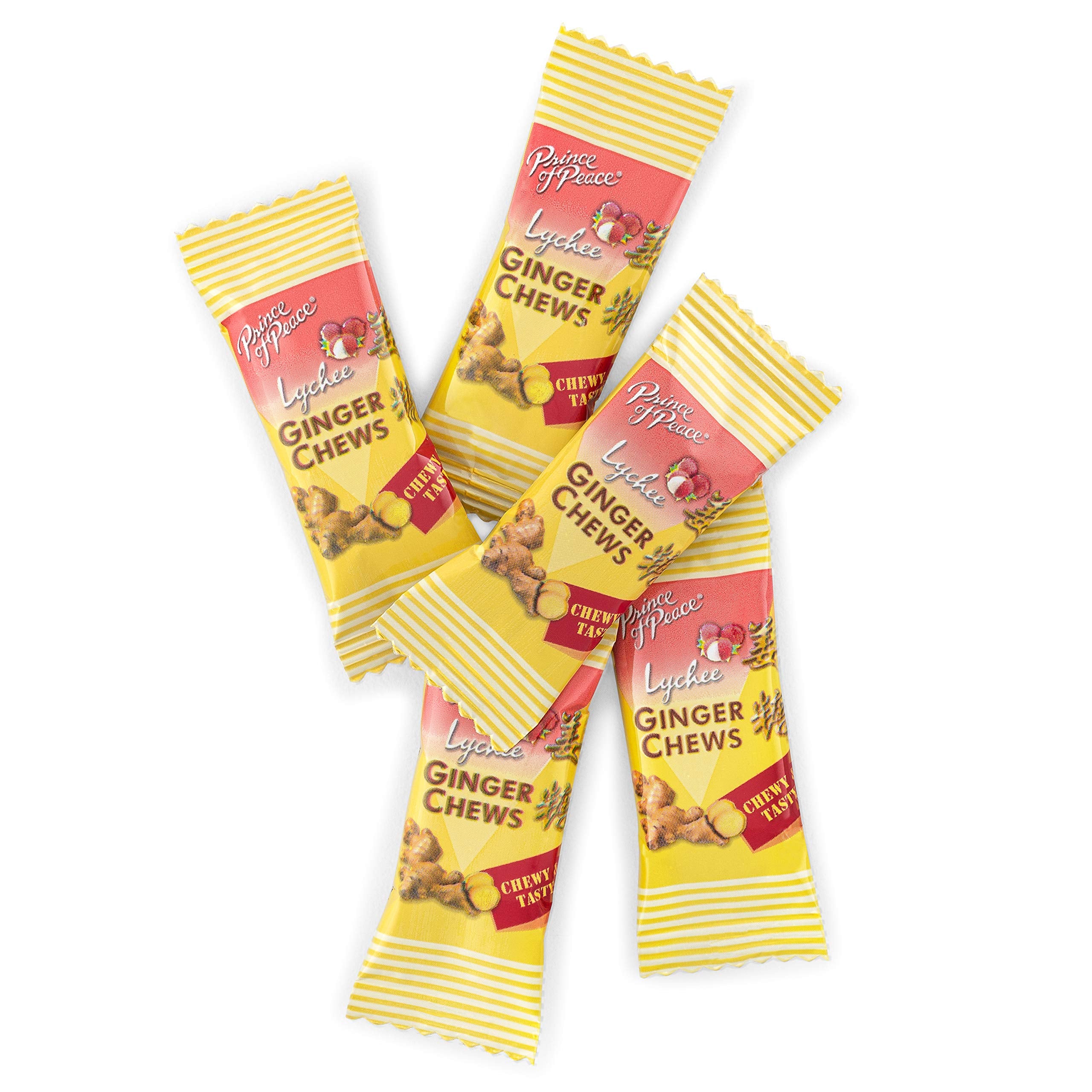 Close-up of Prince Of Peace Lychee Ginger Chews with bright lychee aroma