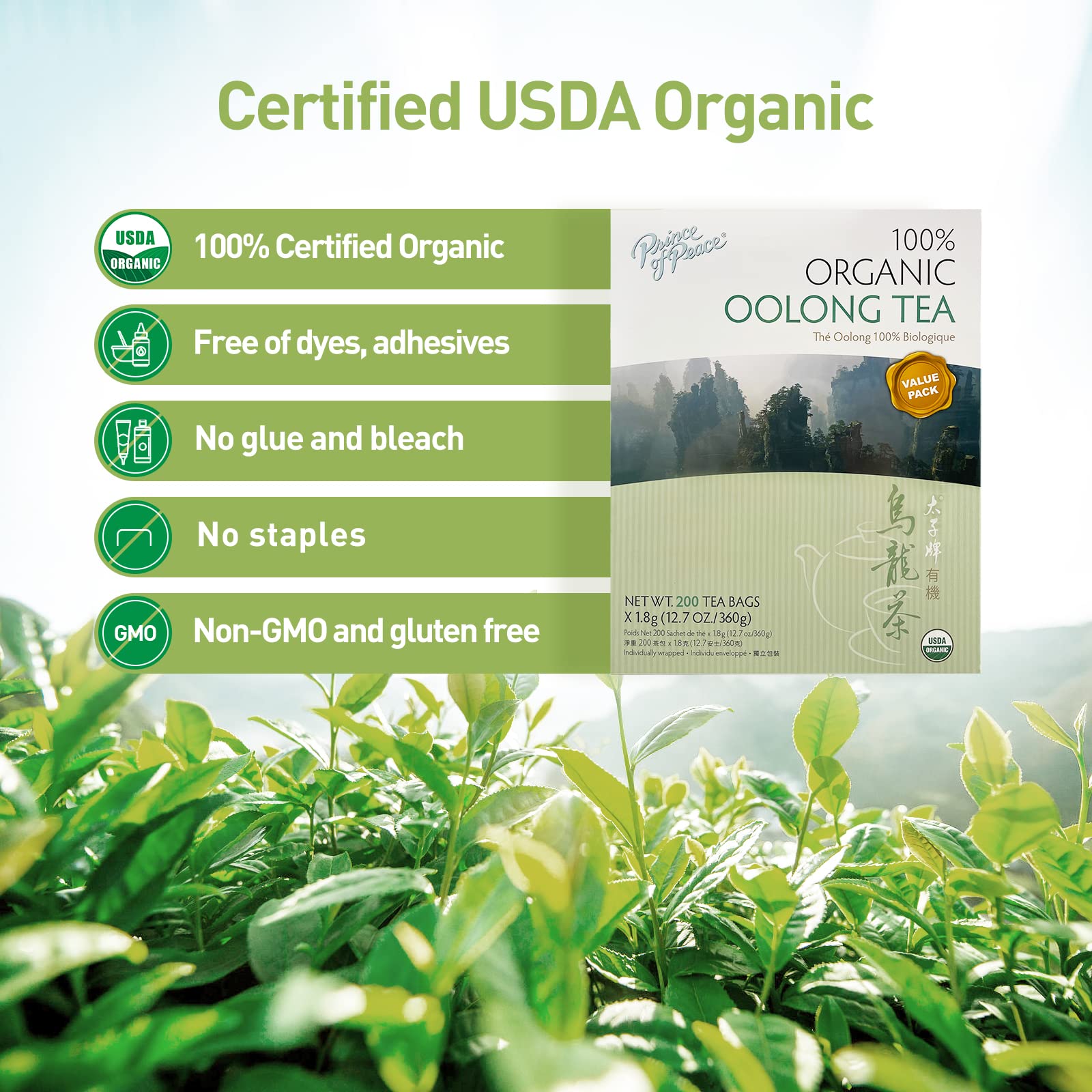 Prince Of Peace organic tea leaves showcase pure, non-GMO ingredients