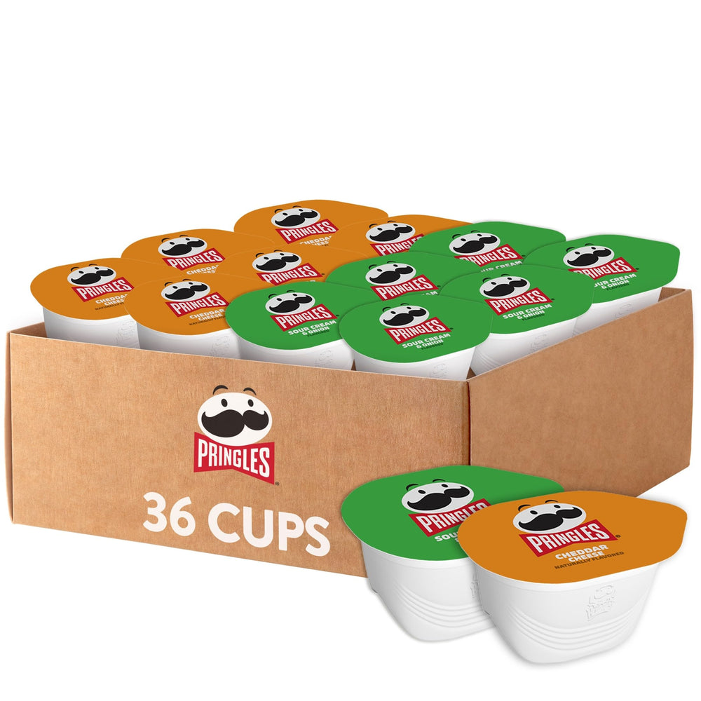 Pringles Snack Stacks cheddar cup close-up, ideal for on-the-go lunches.